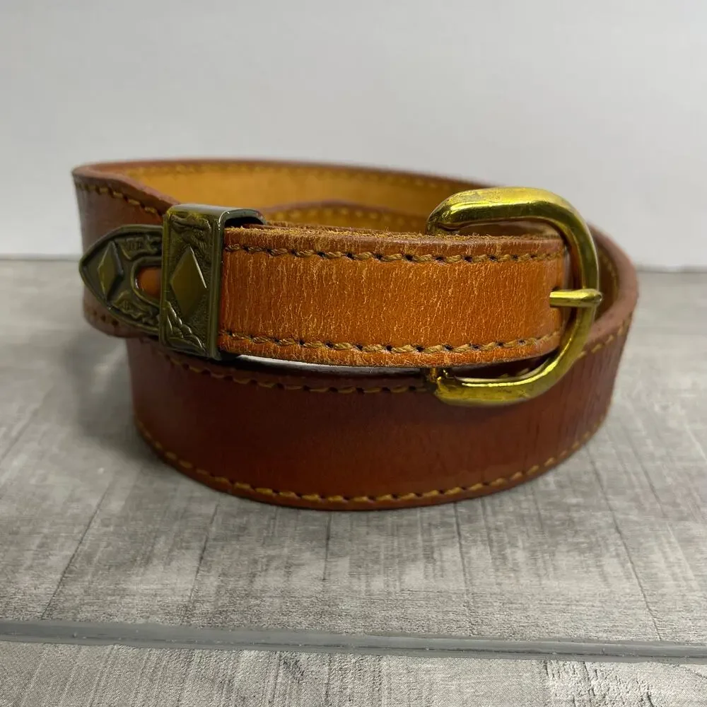 Vintage BRAND by CALDWELL Western Brown Leather 1 in Belt Brass Buckle 24 Small